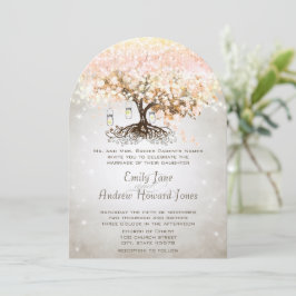 Mason Jar Peachy Pink Heart Leaf Tree Wedding Kaart