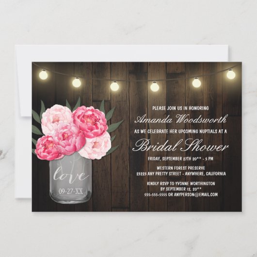 Mason Jar + Peony Rustic Bridal Douche Invitations (Devant)