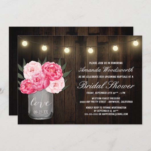 Mason Jar + Peony Rustic Bridal Douche Invitations (Devant / Derrière)