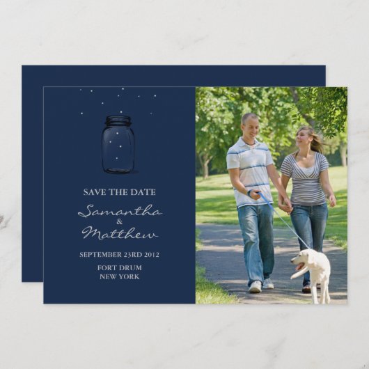 Mason Jar Photo Save the Date Card - Donkerblauw (Voorkant / Achterkant)