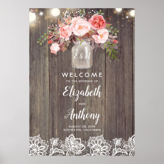 Mason Jar Pink Floral Wedding Welkom Poster (Voorkant)