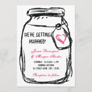 Mason Jar & Pink Heart Wedding Invitation