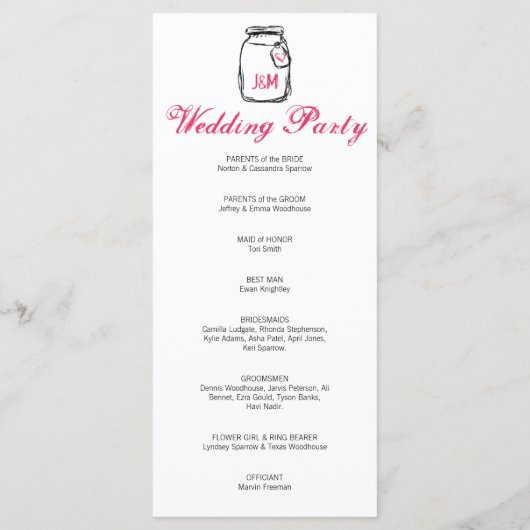Mason Jar & Pink Heart Wedt Wedding Programme (Dos)