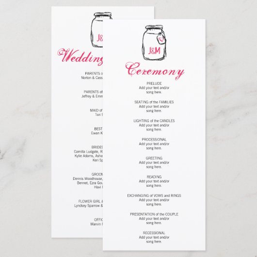 Mason Jar & Pink Heart Wedt Wedding Programme (Devant / Derrière)