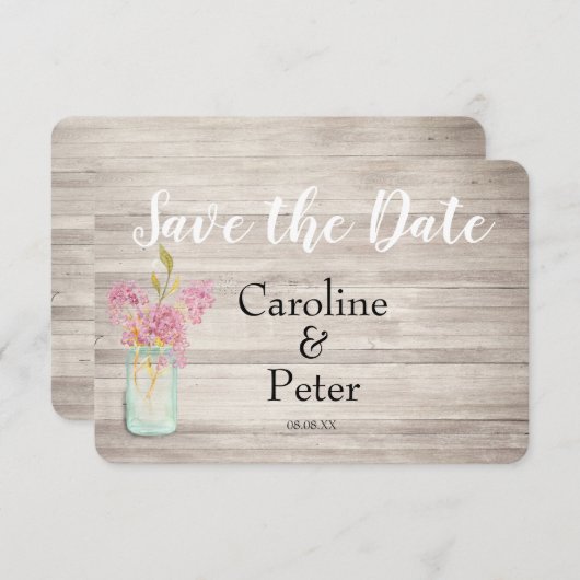 Mason Jar Pink Lila Rustic Save the Date Card (Voorkant / Achterkant)