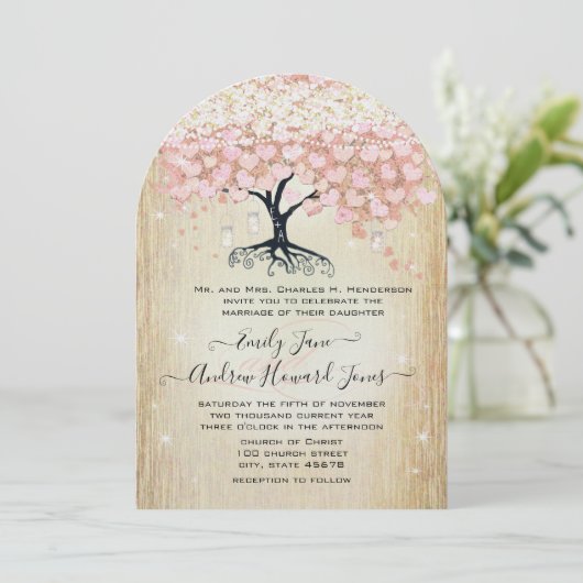 Mason Jar Pink Rose Gold Heart Leaf Tree Kaart (Staand voorkant)