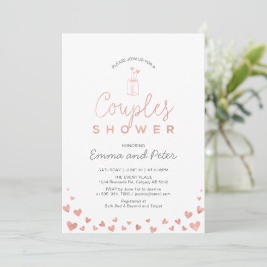 Mason Jar, Roos Gold & Gray Couples Weduwingshower Kaart (Staand voorkant)