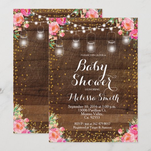 Mason Jar Rose Baby shower Floral carte Invitation (Devant / Derrière)