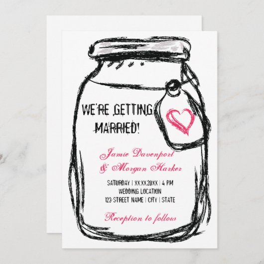 Mason Jar & Roze Hart Bruiloft Uitnodigen Kaart (Voorkant / Achterkant)