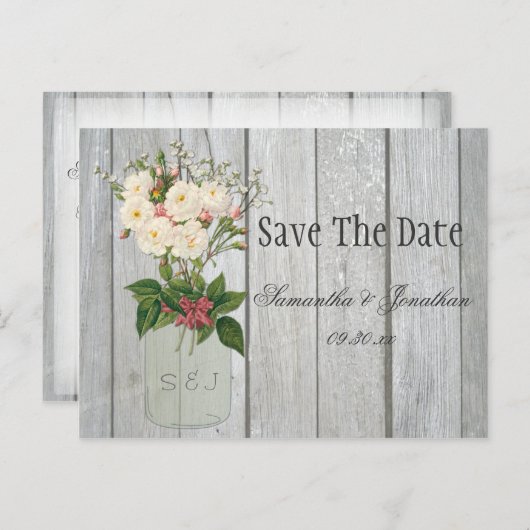 Mason Jar Rozen Rustic Barn Wood Bewaar de datum Aankondigingskaart (Voorkant / Achterkant)