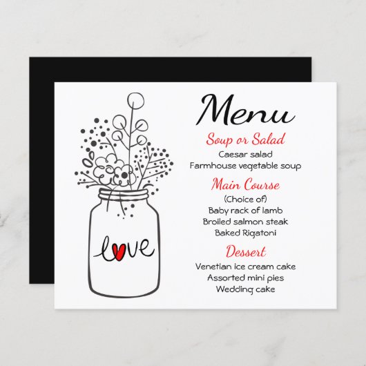 Mason Jar Rust Menu Mariage Noir Rouge Floral (Devant / Derrière)
