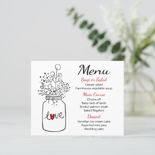 Mason Jar Rust Menu Mariage Noir Rouge Floral (Debout devant)