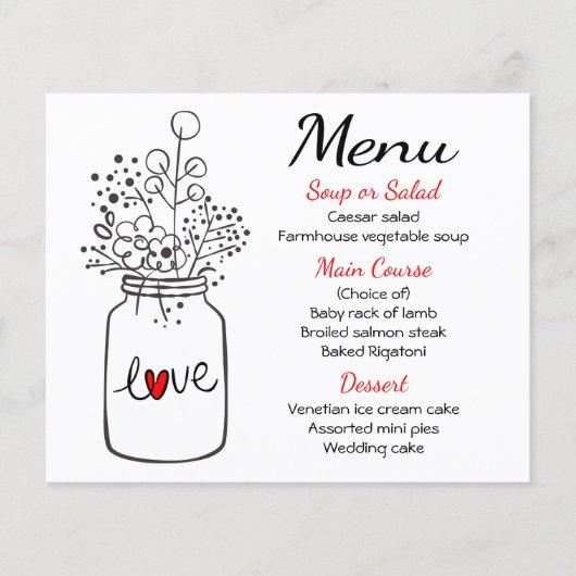 Mason Jar Rust Menu Mariage Noir Rouge Floral (Devant)