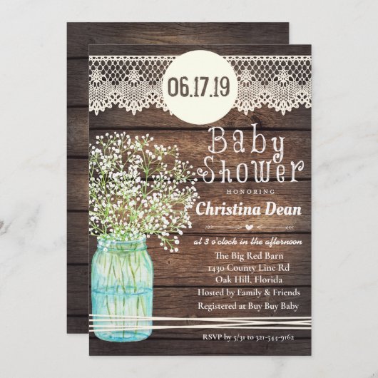 Mason Jar Rustic Baby shower en bois Invitation (Devant / Derrière)
