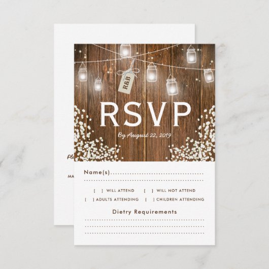 Mason Jar Rustic Babys Breath RSVP Menu Choix (Devant / Derrière)