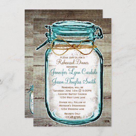 Mason Jar Rustic Bois Répétition Dîner Invitations (Devant / Derrière)