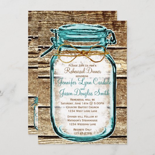 Mason Jar Rustic Bois Répétition Dîner Invitations (Devant / Derrière)