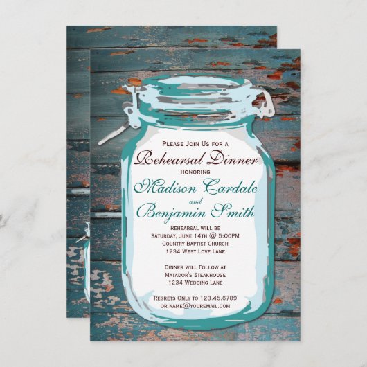 Mason Jar Rustic Bois Répétition Dîner Invitations (Devant / Derrière)