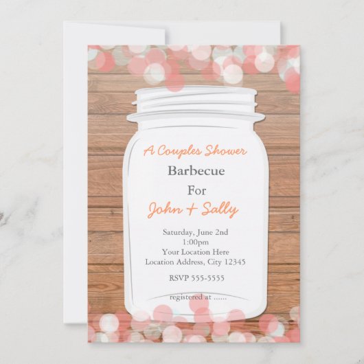 Mason Jar Rustic Bridal Saumon Lights Invitation (Devant)