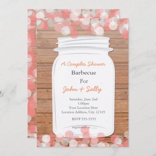 Mason Jar Rustic Bridal Saumon Lights Invitation (Devant / Derrière)