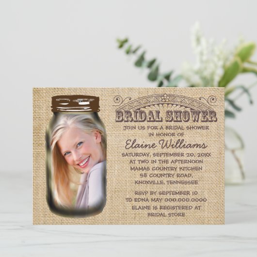 Mason Jar Rustic Burlap Invitation de la douche nu (Debout devant)