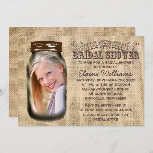 Mason Jar Rustic Burlap Invitation de la douche nu (Devant / Derrière)