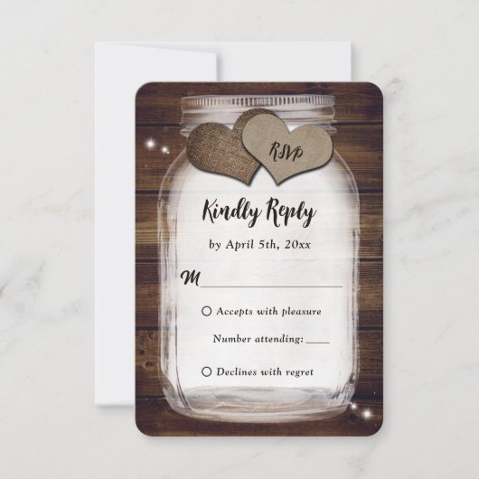 Mason Jar Rustic Country Burlap Heart Wedding RSVP (Voorkant)