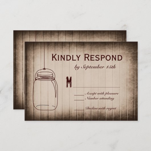 Mason Jar Rustic Country Wood Weddenschap RSVP-kaa RSVP Kaartje (Voorkant / Achterkant)