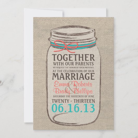 Mason Jar Rustic Faire-part de mariage - Coral Tur (Devant)