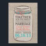 Mason Jar Rustic Faire-part de mariage - Coral Tur<br><div class="desc">Parfait pour un mariage à thème rustique,  vintage ou campagnard. Dispose d'un arrière - plan imprimé à l'allure de burlap avec un accent ruban coloré pour coordonner avec votre thème mariage. Je serais heureux de customiser les couleurs pour correspondre à votre thème mariage,  alors envoyez-moi un email !</div>