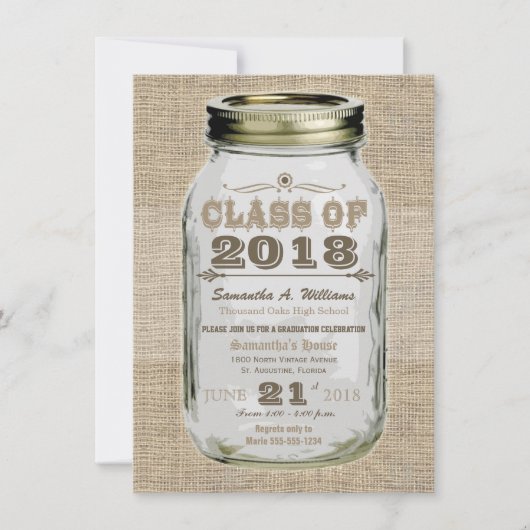 Mason Jar Rustic  Look Burlap Afstuderen Kaart (Voorkant)