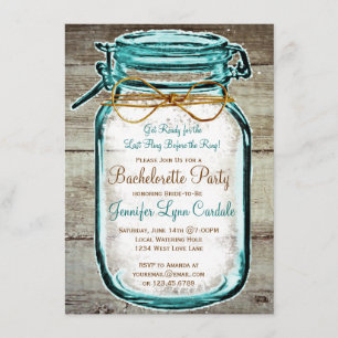 Mason Jar Rustic Wood Bachelorette Party Invites Kaart
