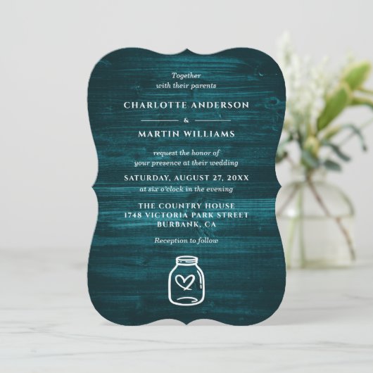 Mason Jar Rustiek Land Blauwgroen Hout Wedding Kaart (Staand voorkant)