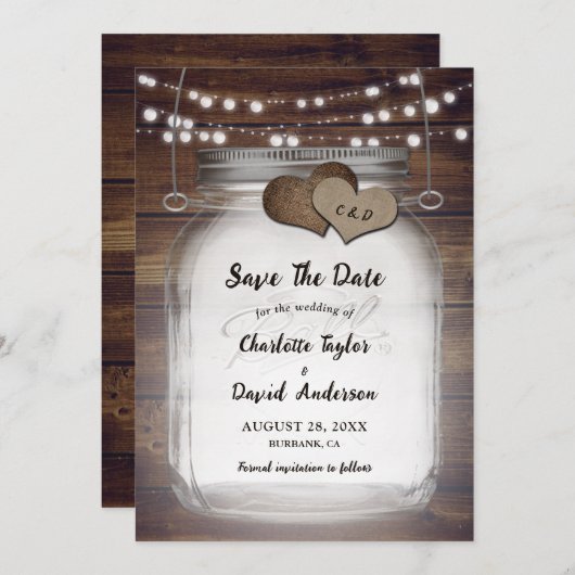 Mason Jar Rustiek Land Hout Bruiloft Save The Date (Voorkant / Achterkant)
