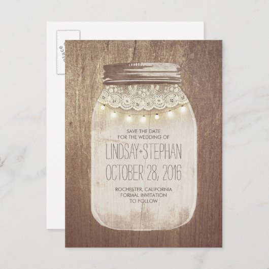 Mason Jar Rustieke Lace & Lights Save The Date Aankondigingskaart (Voorkant / Achterkant)
