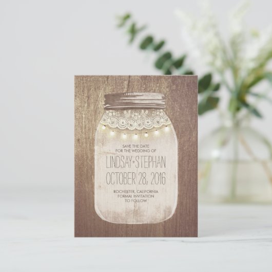 Mason Jar Rustieke Lace & Lights Save The Date Aankondigingskaart (Staand voorkant)