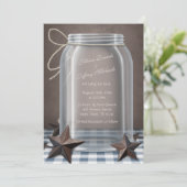 Mason Jar Rustieke Sterren Blauw Gingham Bruiloft Kaart (Staand voorkant)