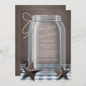 Mason Jar Rustieke Sterren Blauw Gingham Bruiloft Kaart (Voorkant / Achterkant)