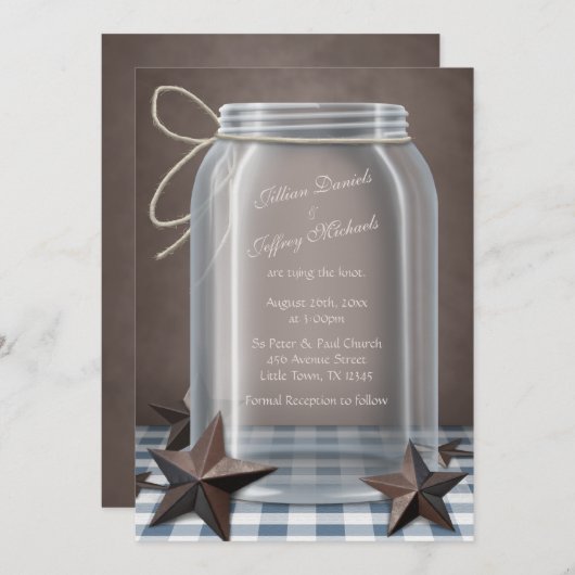 Mason Jar Rustieke Sterren Blauw Gingham Bruiloft Kaart (Voorkant / Achterkant)