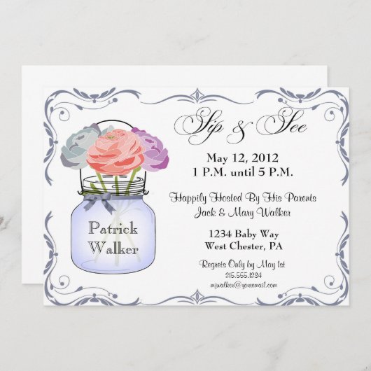 Mason Jar Sip en See Boy Invitation Kaart (Voorkant / Achterkant)