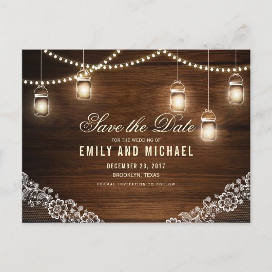 Mason jar string licht kant rustiek save the date aankondigingskaart (Voorkant)