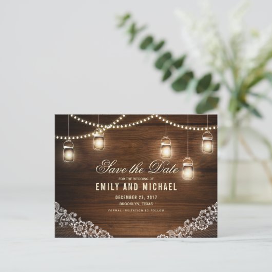 Mason jar string licht kant rustiek save the date aankondigingskaart (Staand voorkant)