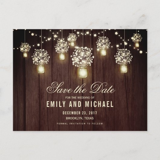 Mason jar string licht kant rustiek save the date aankondigingskaart (Voorkant)