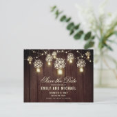 Mason jar string licht kant rustiek save the date aankondigingskaart (Staand voorkant)