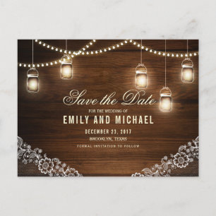 Mason jar string light lace rustic save the date aankondigingskaart