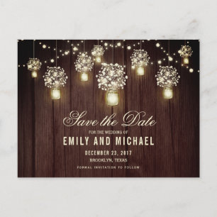Mason jar string light lace rustic save the date aankondigingskaart
