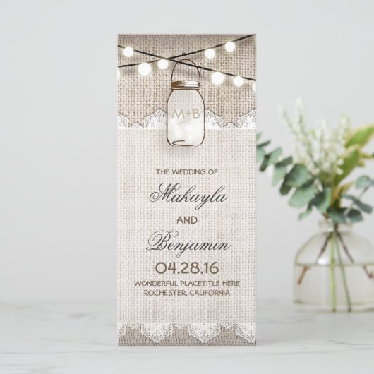 Mason Jar String Lights Burlap Wedding Programmes  (Debout devant)