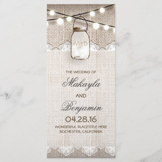 Mason Jar String Lights Burlap Wedding Programmes (Devant)