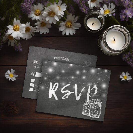 Mason Jar & String Lights Chalkboard Wedding RSVP Uitnodiging Briefkaart