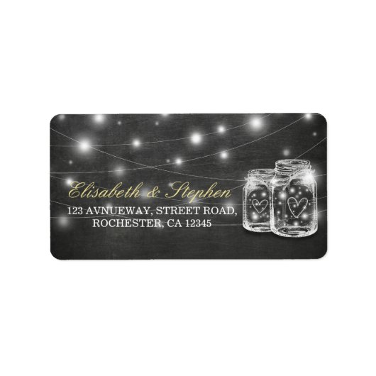 Mason Jar String Lights Chalkboard Weduwadres Etiket (Voorkant)